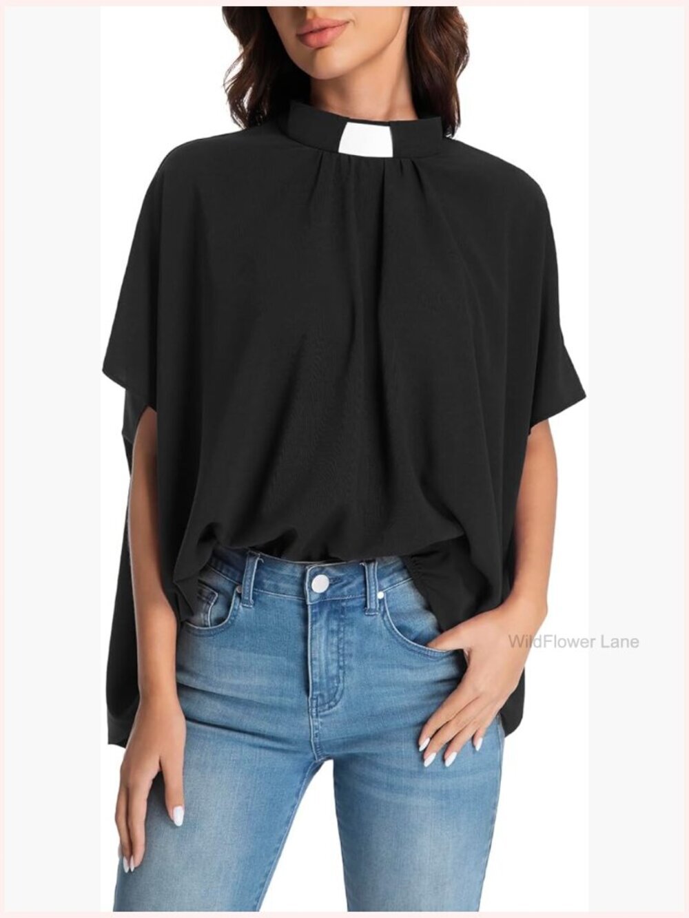 Tab Insert Collar Bat Sleeve Blouse Church Shirt Priestess Top